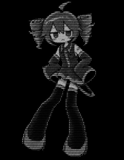 Black-and-white pixel art of a person with pigtails holding a guitar.