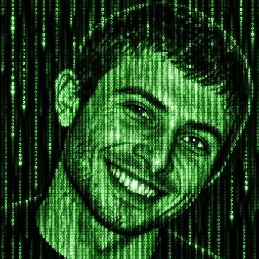 Green monochrome digital portrait of a smiling person with vertical scan lines