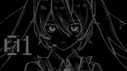 ASCII art of a stylized anime character with long hair and grayscale shading.
