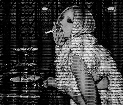 Monochrome ASCII-style illustration of a person seated beside musical equipment.