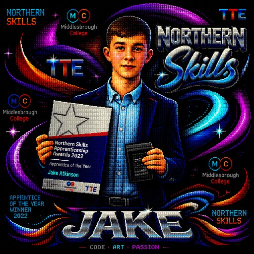 ASCII-style portrait of a person holding an award plaque with colorful Northern Skills graphics