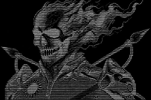 Monochrome ASCII art of a skull above a reclining figure with swirling smoke