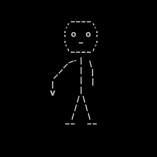 Create a compact, copyable ASCII doodle of a person pointing one connected arm and index finger straight DOWN. Use only keyboard characters, no emojis. Preserve the simple face and body style of classic emoticon art.