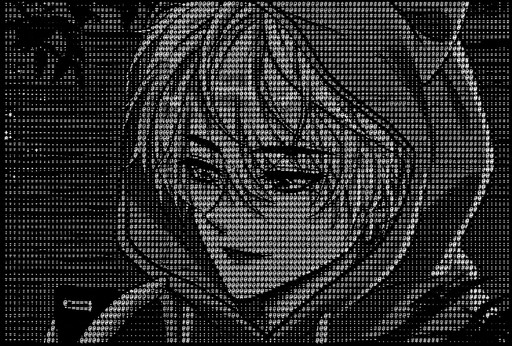 Monochrome ASCII portrait of a hooded person with flowing hair.