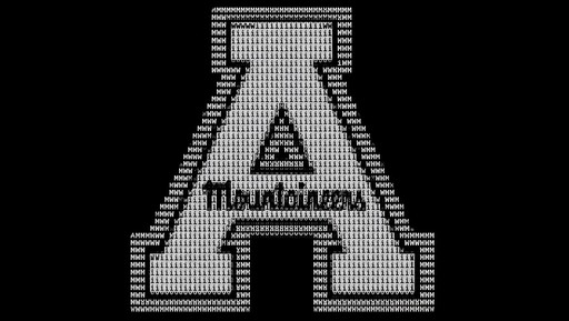 Black-and-white ASCII art of a large letter A with a mountain emblem and text.