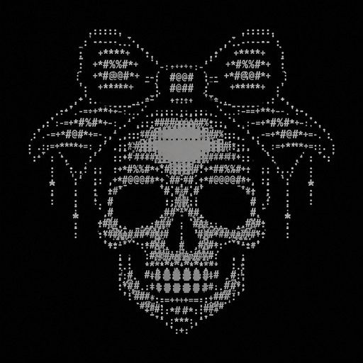 Create a detailed ASCII art skull with a cute bow/ribbon on top of its head. Make it look stylish and symmetrical, using only text characters. Keep the entire design within Discord bio character limits so I can copy and paste it directly into my Discord bio. Do not use emojis, Unicode symbols, or colored characters — only standard keyboard characters. Make it compact but visually detailed.