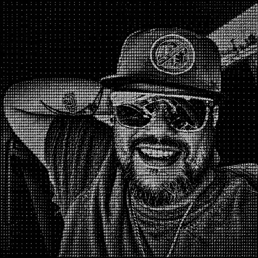 Black-and-white ASCII portrait of a person wearing sunglasses and a hat.