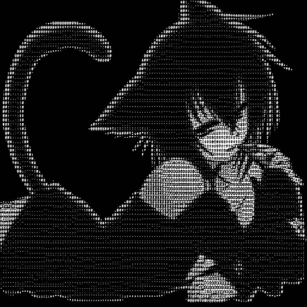Monochrome ASCII art of a cloaked person with long hair and a crescent shape.