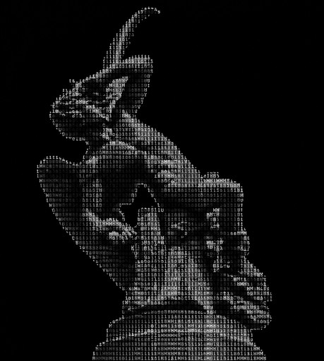 Monochrome ASCII-style image of a person seated with one arm raised.