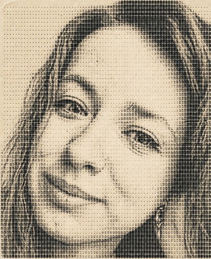 Monochrome ASCII-style portrait of a smiling person with long hair.