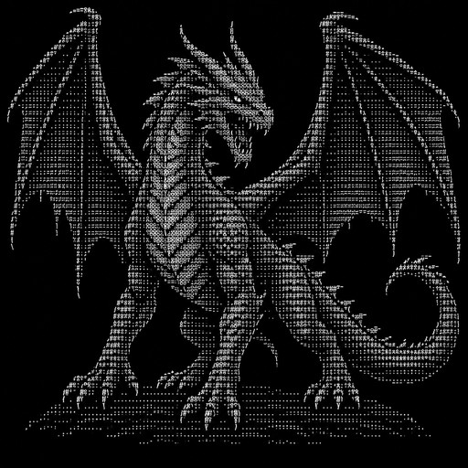 A highly detailed realistic fantasy dragon, full body,
front-facing three-quarter view, large clearly recognizable
dragon head, two sharp horns, glowing eyes, open mouth with
visible sharp teeth, large powerful wings spread wide on both
sides, muscular neck and body, four legs with sharp claws,
long curved dragon tail, scales and strong silhouette.
Make it unmistakably a DRAGON, not a dog, wolf, dinosaur,
snake, monster or humanoid.

Create it as clean terminal-compatible ASCII art using only
standard keyboard characters such as / \ _ | ( ) < > ^ # * + - =.
No emoji, no Unicode blocks, no colored symbols.

Keep the entire artwork compact enough for a 52-column
terminal and preserve the dragon's recognizable shape.