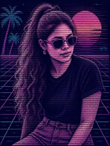 ASCII-style illustration of a person with sunglasses against a neon sunset cityscape.