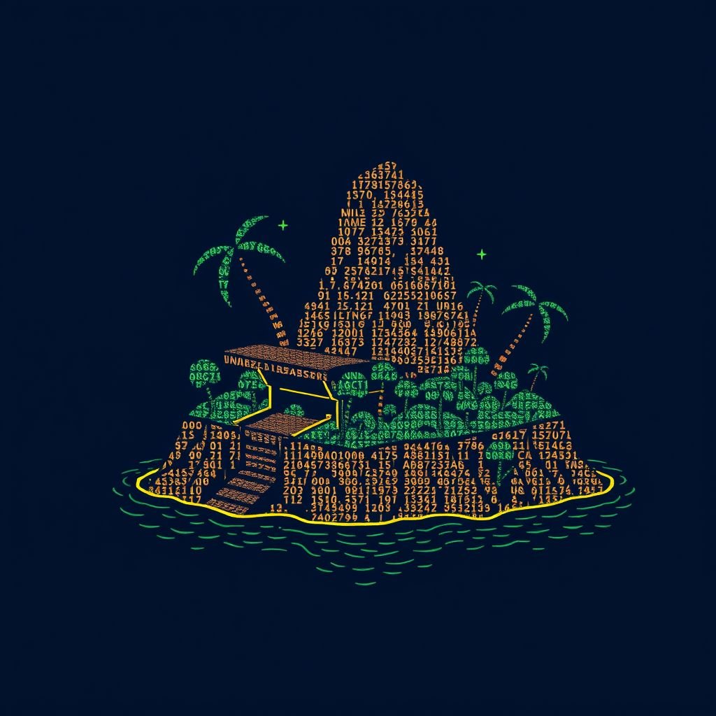 island with treasure chest made with letters and numbers