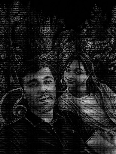 Monochrome ASCII-style image of two people posing outdoors.