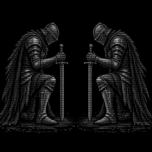 Create intricate, symmetrical ASCII text art of two fully armored medieval knights kneeling on one knee, facing each other in profile, each holding a longsword vertically with its tip touching the ground. Detailed helmets, plate armor, bent knees, realistic human proportions, swords clearly visible between them. Dark Souls atmosphere, gothic, dramatic, elegant composition. Pure keyboard characters only. No emojis, no stick figures, no labels, no extra decorations. Preserve exact spacing in a monospaced text block.