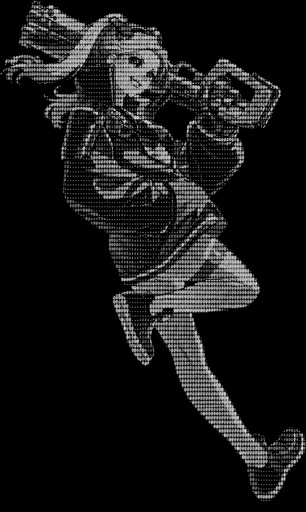 Grayscale ASCII illustration of a person running with a handheld device.