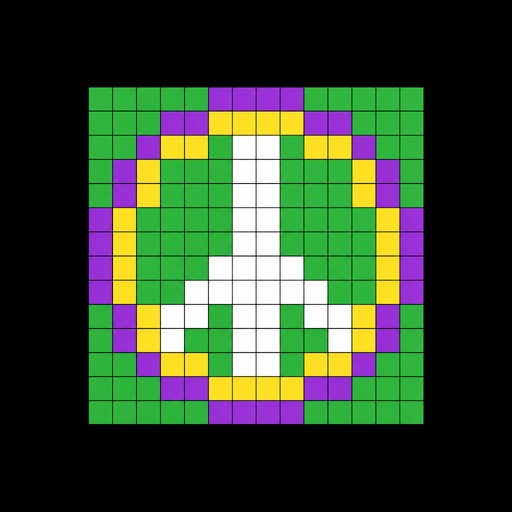 peace symbol.
green background.
12 white pixel, 12 yellow pixel, 12 purple pixel.
not huge, nice and cool looking.