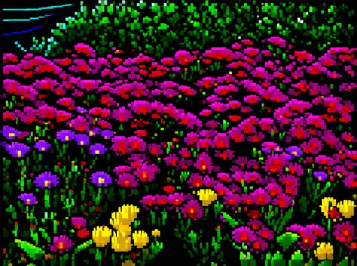 Colorful pixel art meadow filled with vibrant pink, purple, yellow, and green flowers.
