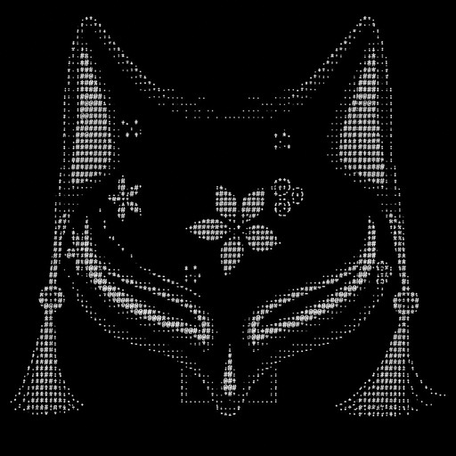 White ASCII-style fox mask with floral accents and dangling ornaments on black background