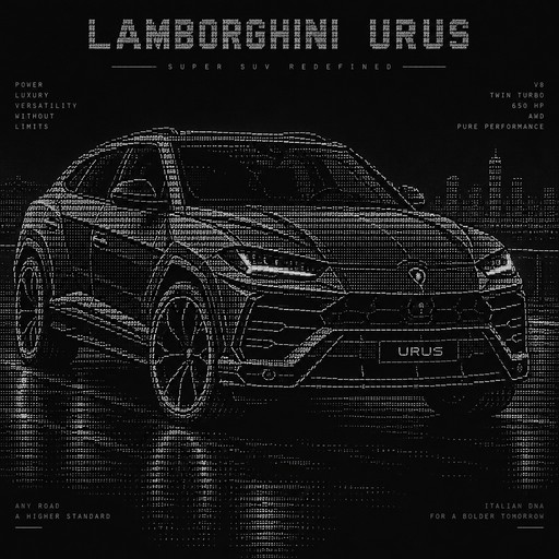 Use ONLY keyboard characters, letters, punctuation marks, and ASCII symbols.

Absolutely NO emojis, NO Unicode box-drawing characters, NO colored square blocks, and NO actual images.

The final result must be a recognizable sports SUV, not a generic car.

Show a front three-quarter view from slightly above, with the front facing toward the right, matching a cinematic automotive photograph.

Use carefully placed characters such as ._-/\|()[]{}=+*#@ to create realistic contours, windows, shadows, wheels, and reflections.

Use spaces intentionally to create depth and perspective.

Keep the car's body wide, the roof sloping, the hood long, and the wheels large.

Add the words "LAMBORGHINI URUS" and subtle decorative text around the vehicle without obscuring the drawing.

Render the final output in a monospaced code block, preserving exact spacing.

Prioritize accurate vehicle proportions and a clean, detailed silhouette over excessive decoration.