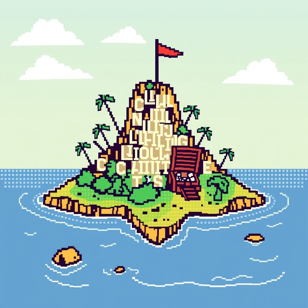 island with treasure chest made with letters and numbers