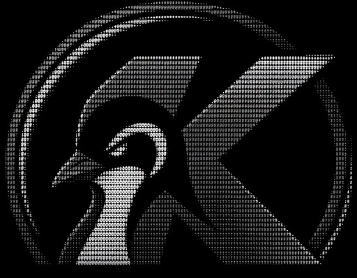 Black-and-white ASCII logo featuring a stylized bird inside circular and geometric shapes