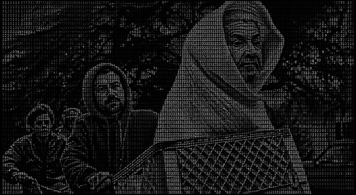 Monochrome ASCII-style scene of people gathered beside a woven structure.