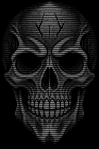 A large detailed gothic skull made entirely from keyboard ASCII characters, symmetrical front-facing skull, hollow eyes, nose cavity, teeth, dark terminal style, monochrome, designed to fit inside an 80-column terminal, no Unicode, no emojis, only ASCII characters