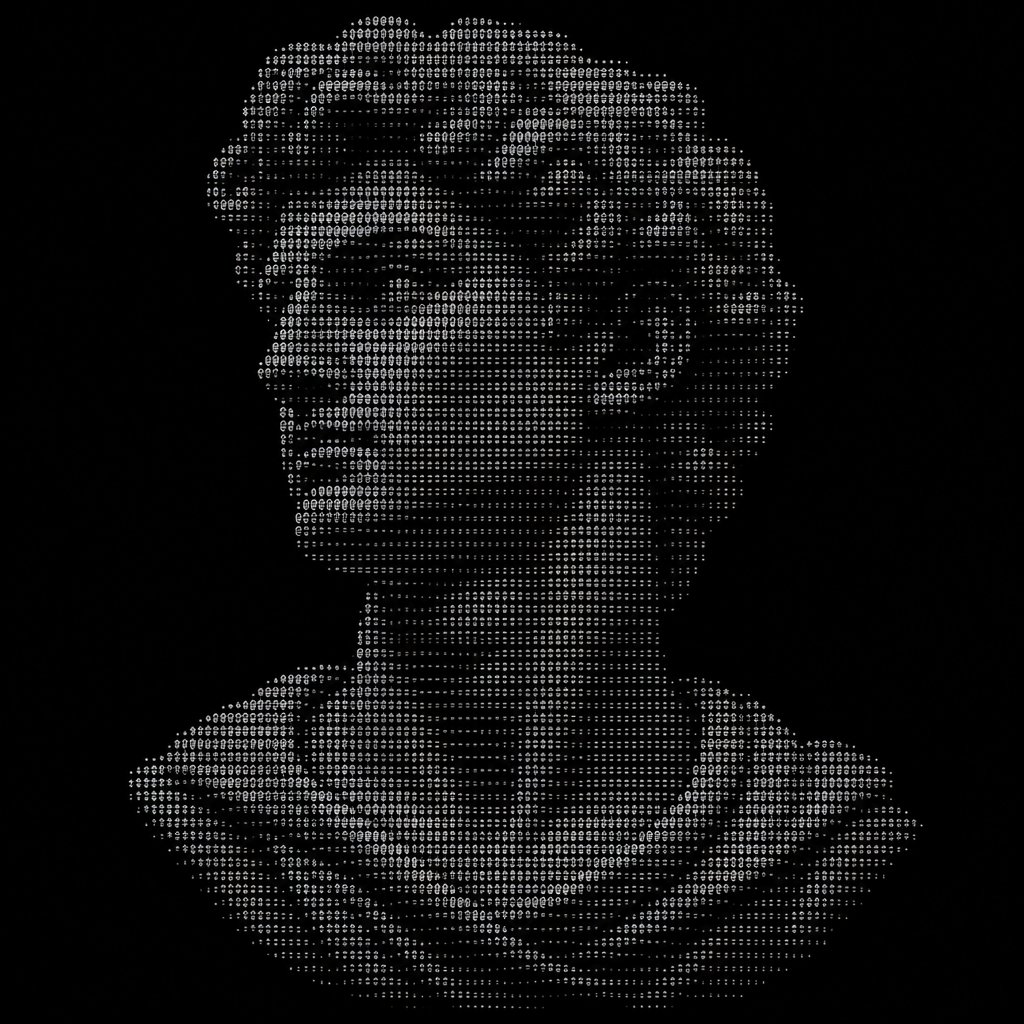 Grayscale ASCII art portrait of a classical sculpture head and shoulders