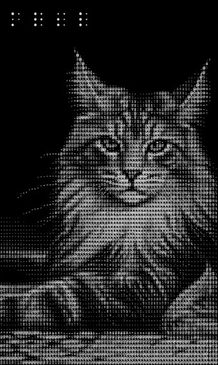 Grayscale ASCII art of a long-haired cat sitting on a patterned surface.