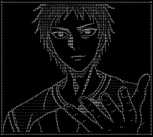 Monochrome ASCII portrait of a person wearing a jacket and raising a hand.