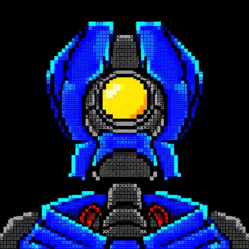 Blue and gray pixel art of a robot with a glowing yellow circular center.