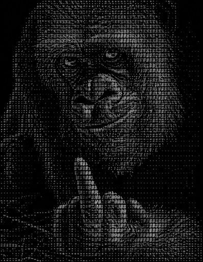 Monochrome ASCII art of a person in shadow with hands clasped.